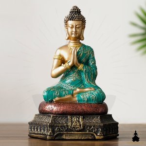 Statue de Bouddha Bouddha Vert & Doré en Résine (23 cm) Décoration Zen pour la Méditation (1)