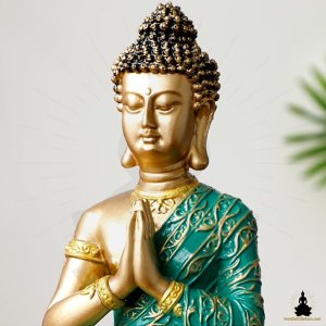 Statue de Bouddha Bouddha Vert & Doré en Résine (23 cm) Décoration Zen pour la Méditation (2)